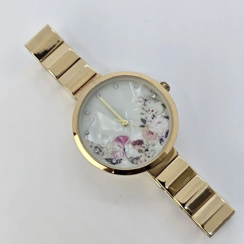 34MM Flowers Dial‎ Women's Watch Gold Tone Bracelet Band 7.25